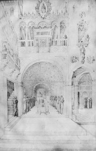A Szűz halála egy velencei palota gazdag építészetében, Jacopo Bellini rajzalbumából (toll és tinta pergamen)